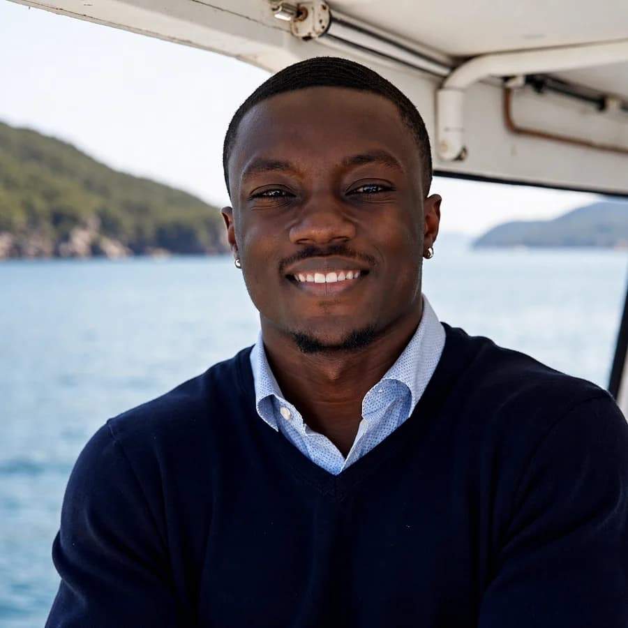 Jaivien Kendrick wearing a navy sweater on a boat
